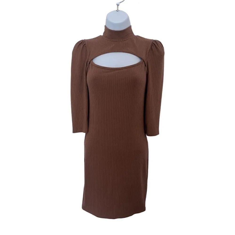 Vibe Fitted Cut Out Ribbed Body Con Dress Puff Sleeve, Size Small
